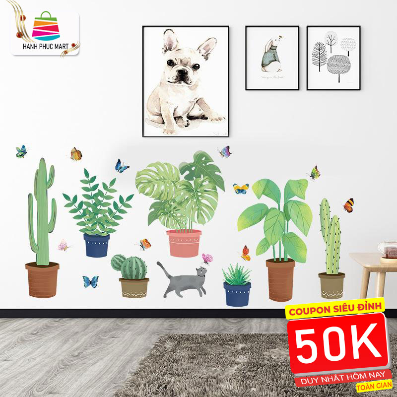 Decal giấy dán tường chậu xương rồng XL7248 - Decal dán tường cây xanh ,Decal dán tường hoa lá