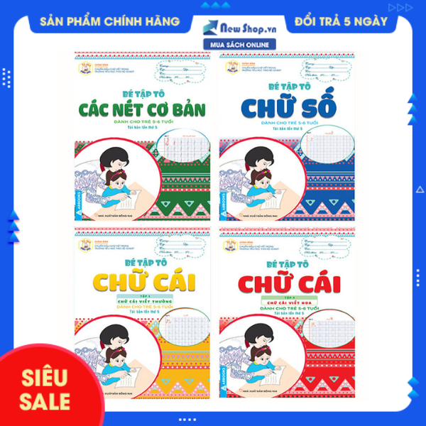Combo bé tập tô - dành cho trẻ 5-6 tuổi: bé tập tô chữ cái tập 1 + 2, chữ số, các nét cơ bản -abb - newshop