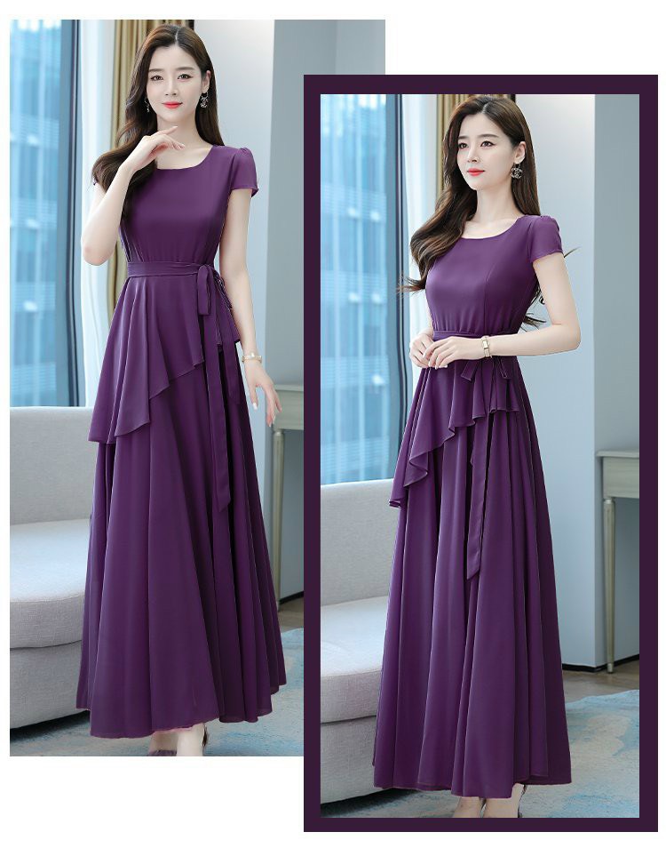 Đầm maxi xếp li tay con cao cấp, đầm xoè cổ tròn tay con phối tà xéo thắt dây eo