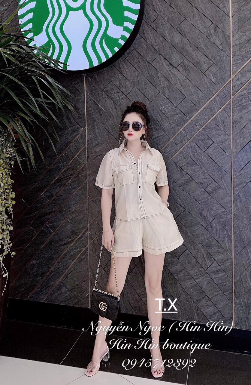 Sét bộ nữ áo cổ sơ mi túi giả kèm quần đùi cực xinh
