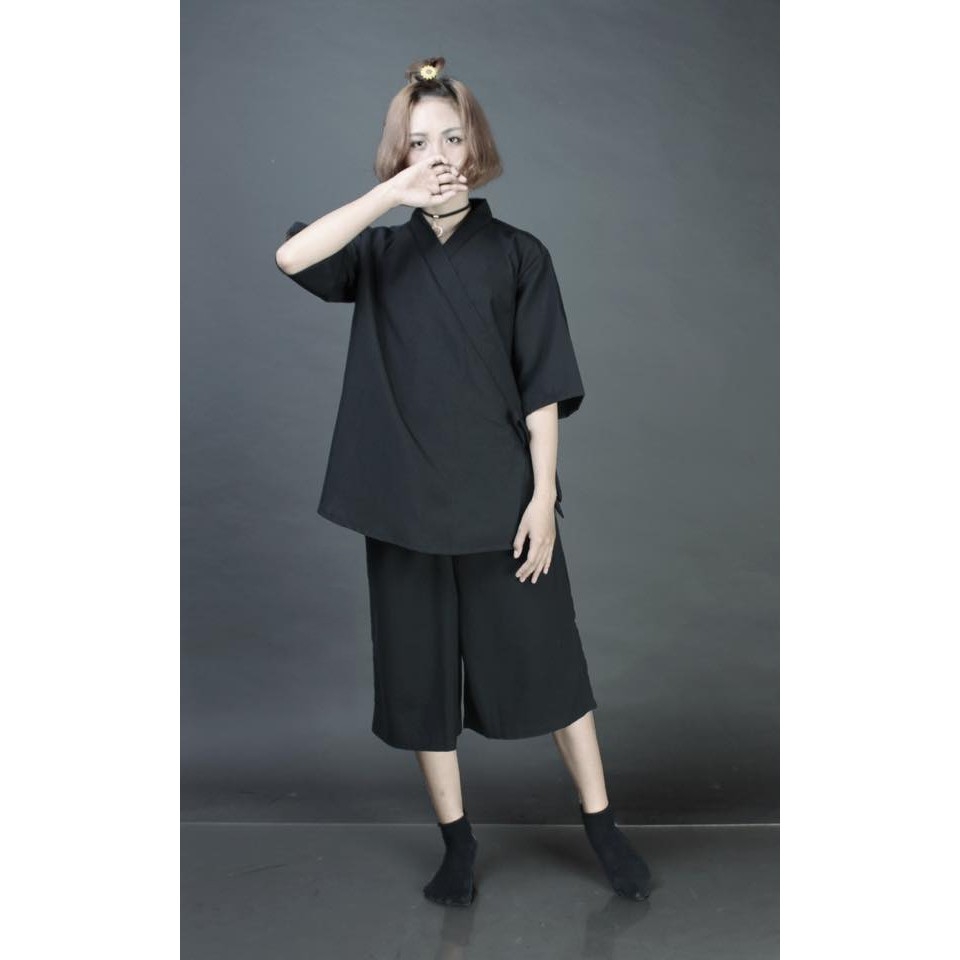 [HCM]Set áo yukata + culottes - Đen trơn