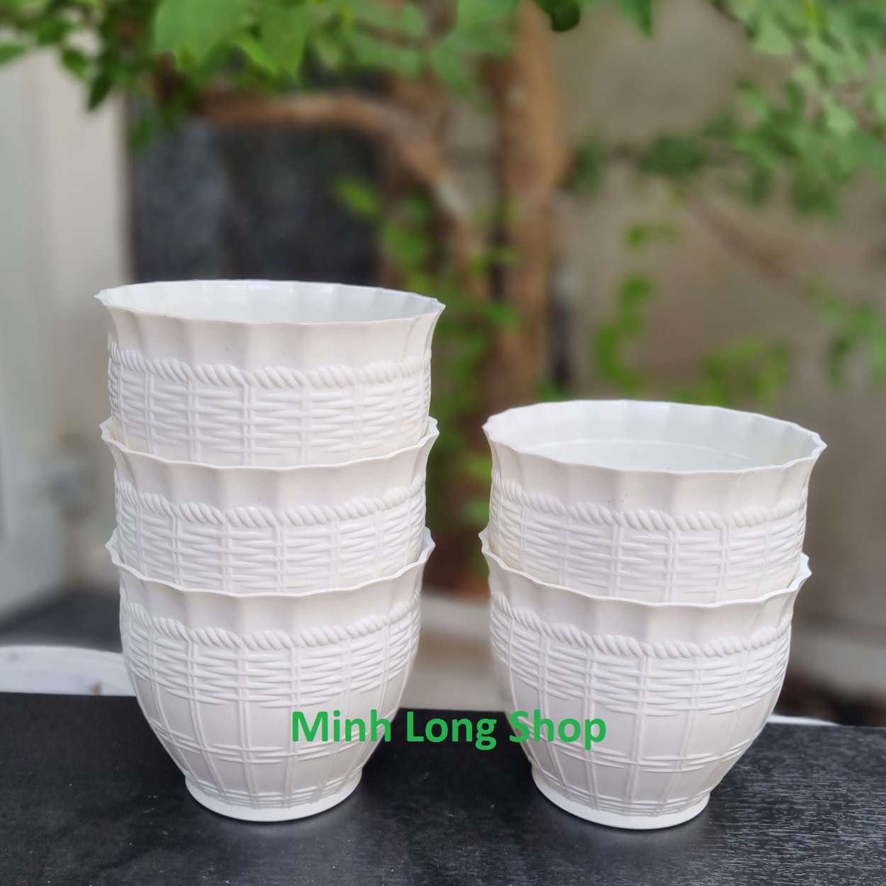 Bộ 05 chậu mây đan bầu trồng hoa xinh xắn màu trắng size nhỏ 14x11.5cm