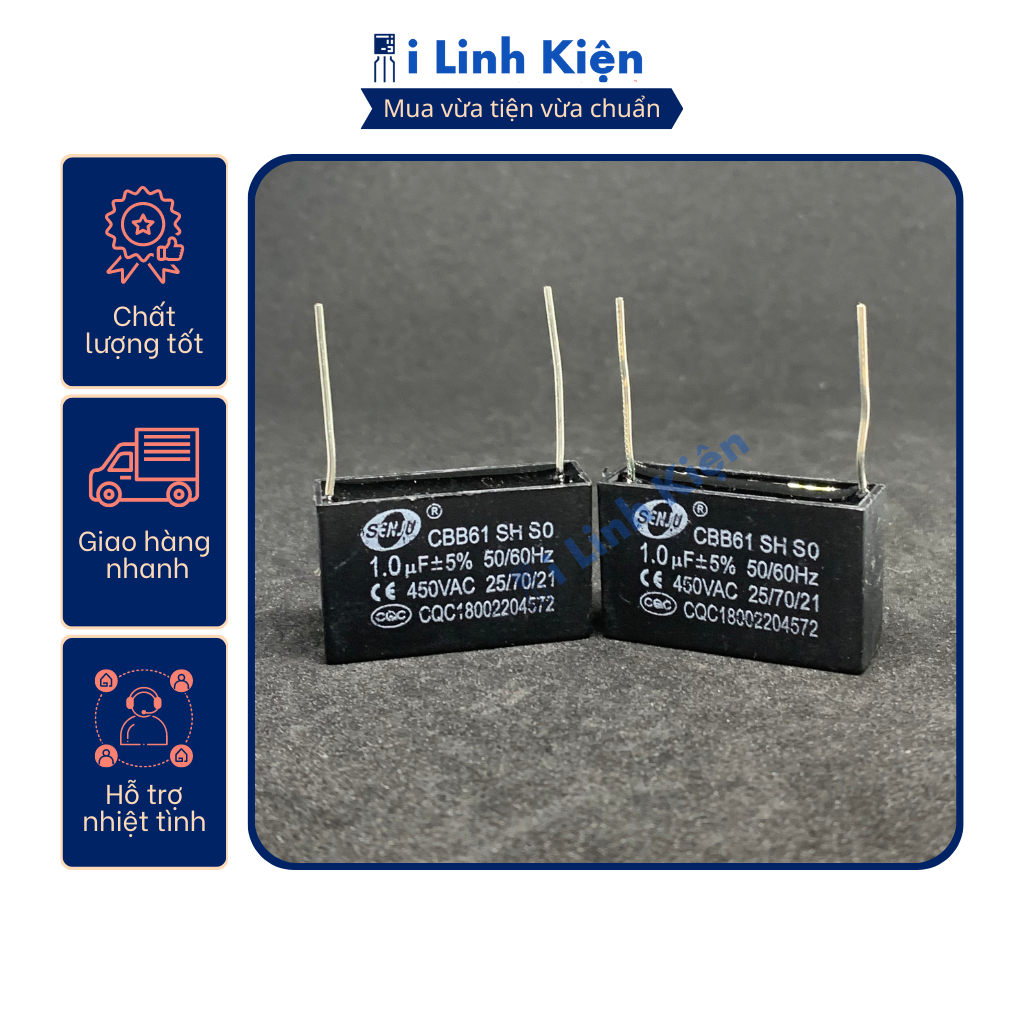 Tụ quạt 1uF 450VAC chân hàn mạch PCB CBB61
