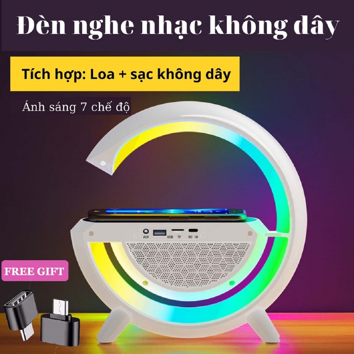Bluetooth speaker with built-in LED and wireless charging for music or audio, 7-mode light wireless music playing