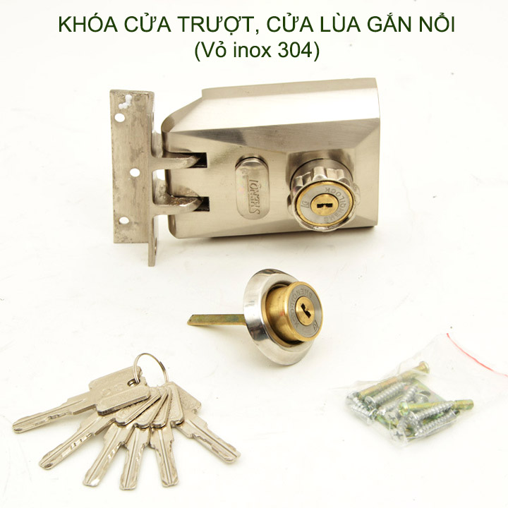 Khóa cửa trượt, cửa lùa gắn nổi, vỏ làm bằng inox 304 chắc chắn kèm 6 chìa khóa