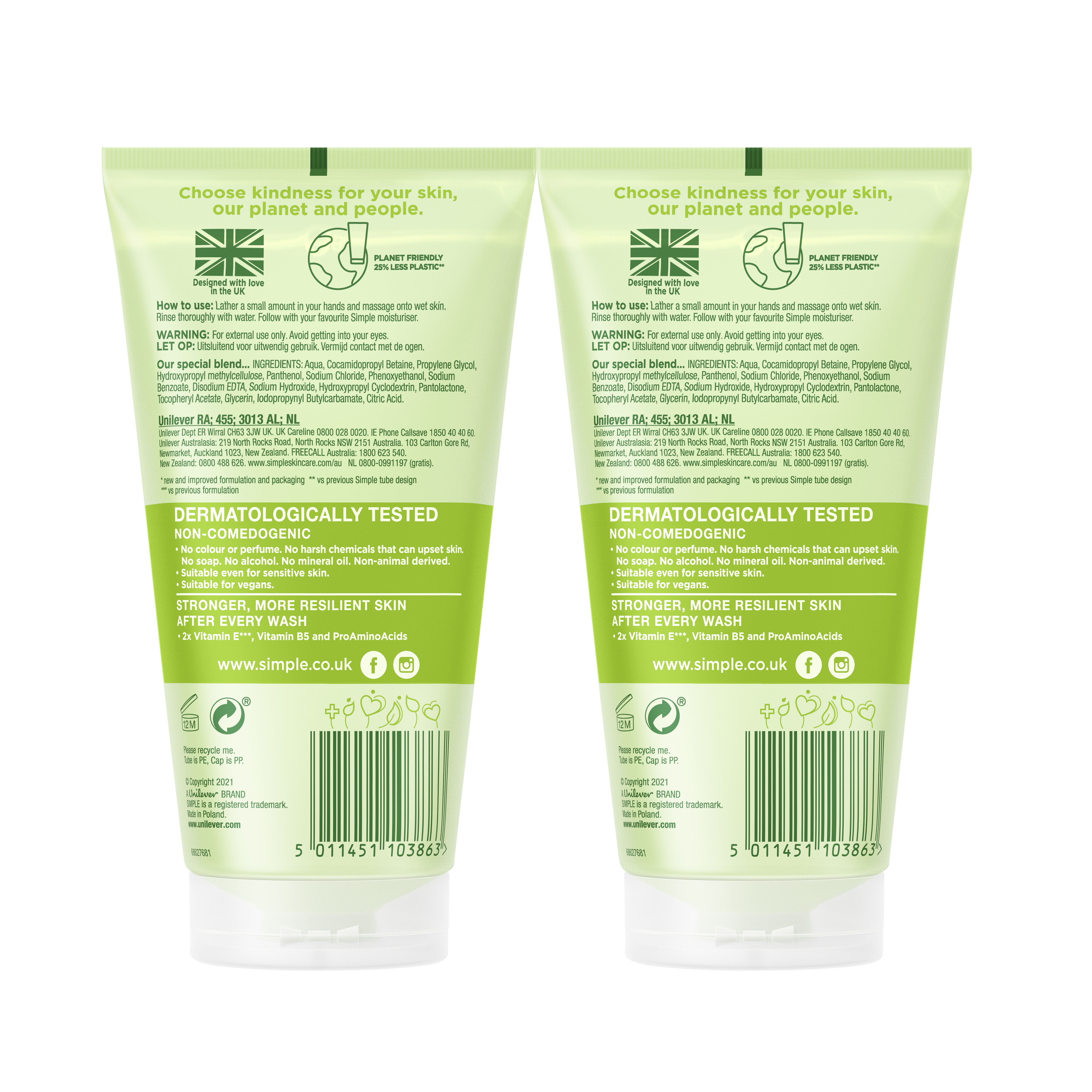 Combo 2 Sữa rửa mặt Simple lành tính sạch thoáng - cho da nhạy cảm 150ml/chai