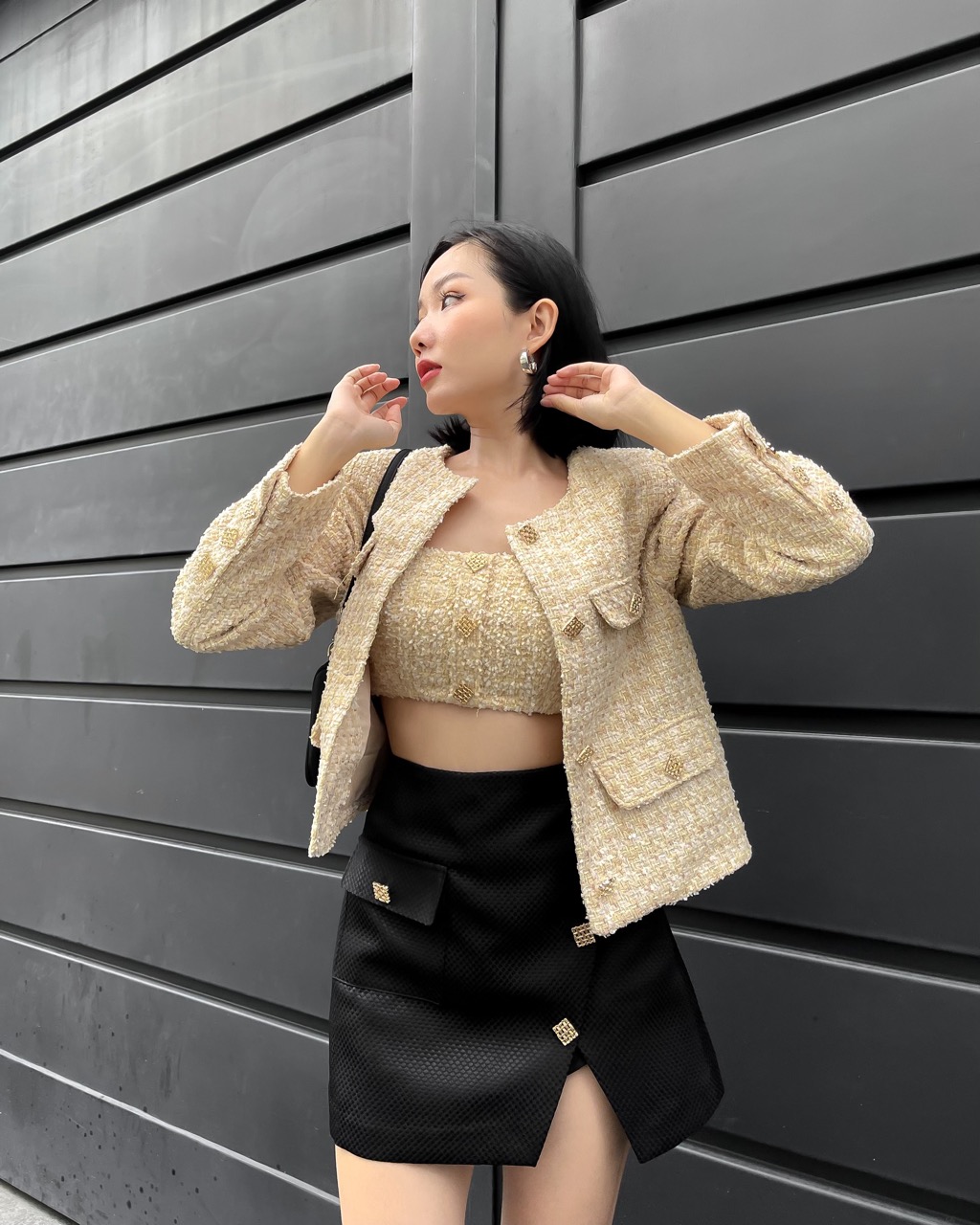 COCO SIN - Váy Đen Phối Túi Đính Nút Gold