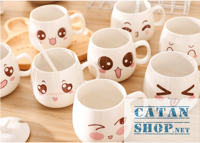 01 Cup ceramic cup with lid (attached spoon) the expressive super cute (delivery random pattern) HK062