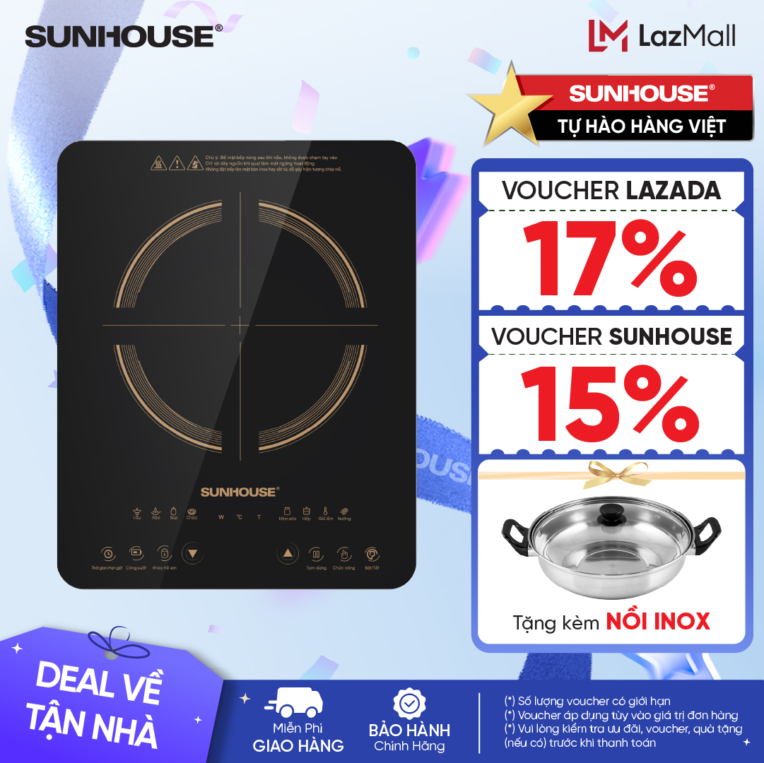 [TẶNG KÈM NỒI INOX - ƯU ĐÃI 4 TẦNG VOUCHER] Bếp điện từ SUNHOUSE cảm ứng SHD6803 - Công suất 2000W - Kính cường lực siêu bền - 8 chế độ nấu đa dạng - Bảo hành chính hãng 12 tháng