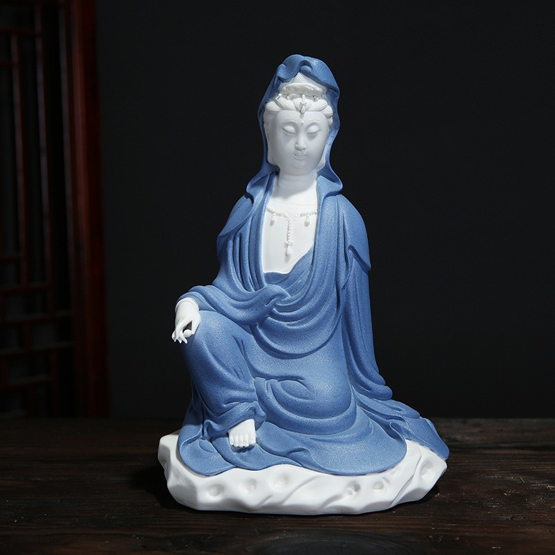 Tượng quan âm gốm trắng tọa thiền tịnh tâm- tượng phật gốm tử sa trang trí decor ghép lũa