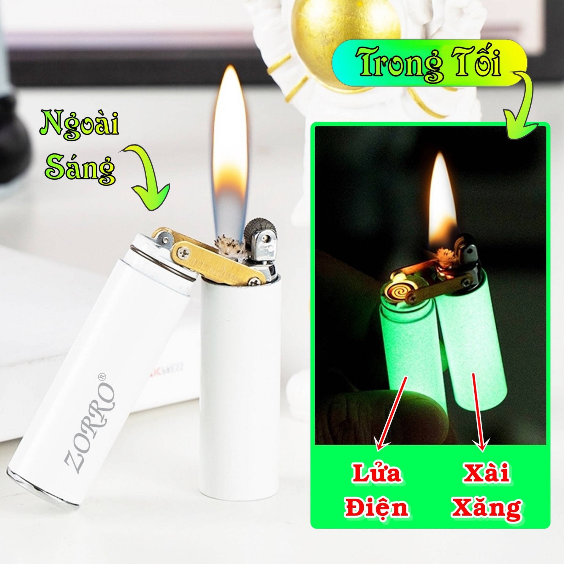 BẬT LỬA ZORRO CÔN NHỊ KHÚC 2 CHẾ ĐỘ LỬA (CHIẾT HOẢ TỬ + XĂNG ĐÁ) - DẠ QUANG HÚT ÁNH SÁNG (FULLBOX) - (SẠC ĐIỆN - XÀI XĂNG)