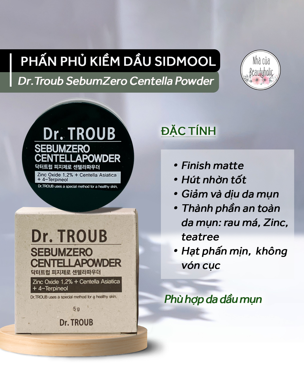 Phấn phủ kiềm dầu da mụn sidmool dr.troub serum zero centella powder