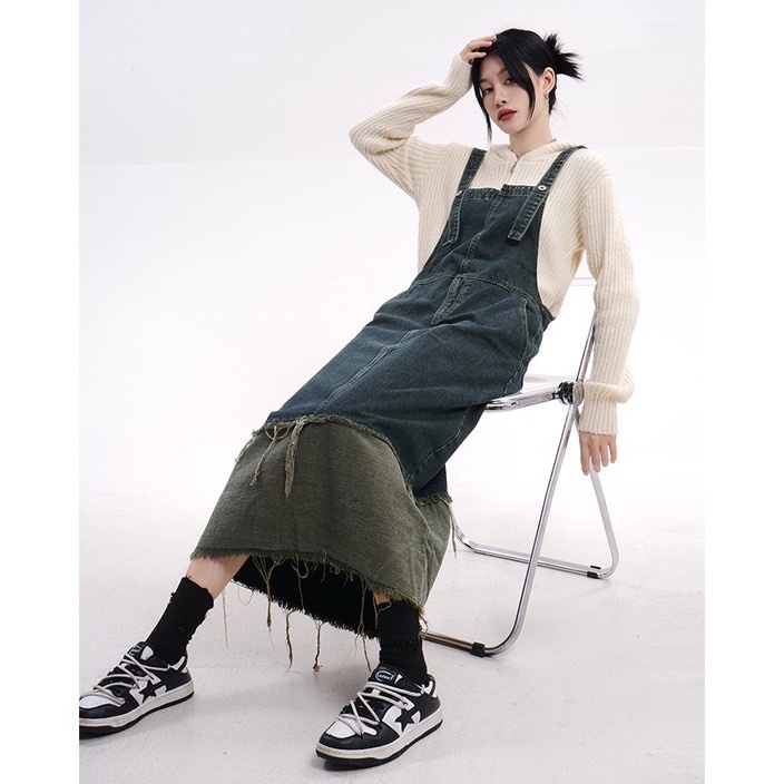 Váy Yếm Jean Basic Dáng Dài Vintage 2023 .