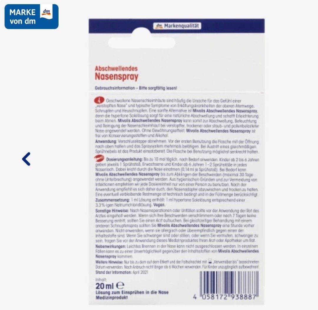 [Hàng nội địa Đức] - [Mivolis] Xịt Thông Mũi 20ml (nội địa Đức) - Mivolis Abschwellendes Nasenspray, 20 ml