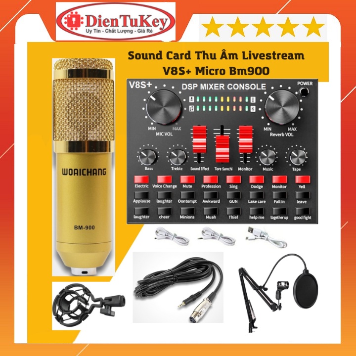 Bộ sound card v8s+ và micro bm 900 hát livestream - karaoke - thu âm - bán hàng online