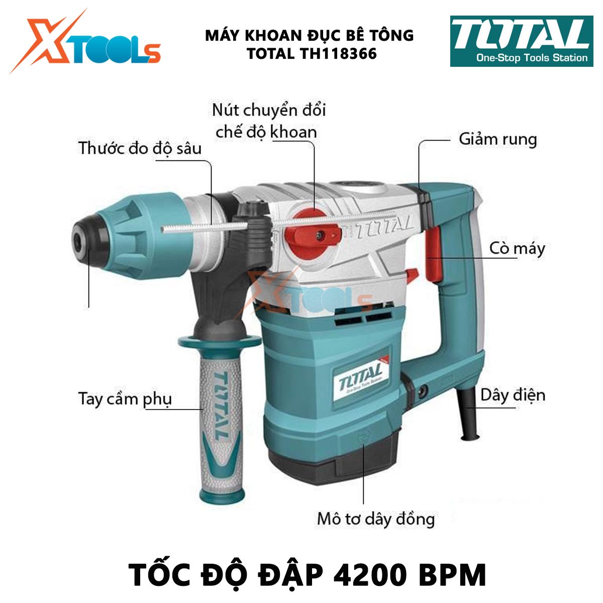 Machine drill chisel concrete Total TH118366 | hammer drill machine rotating power 1800W speed no-load 850 rpm speed beating 4200 BPM screwdriver, đục Wall, concrete drill [genuine] [XTools]