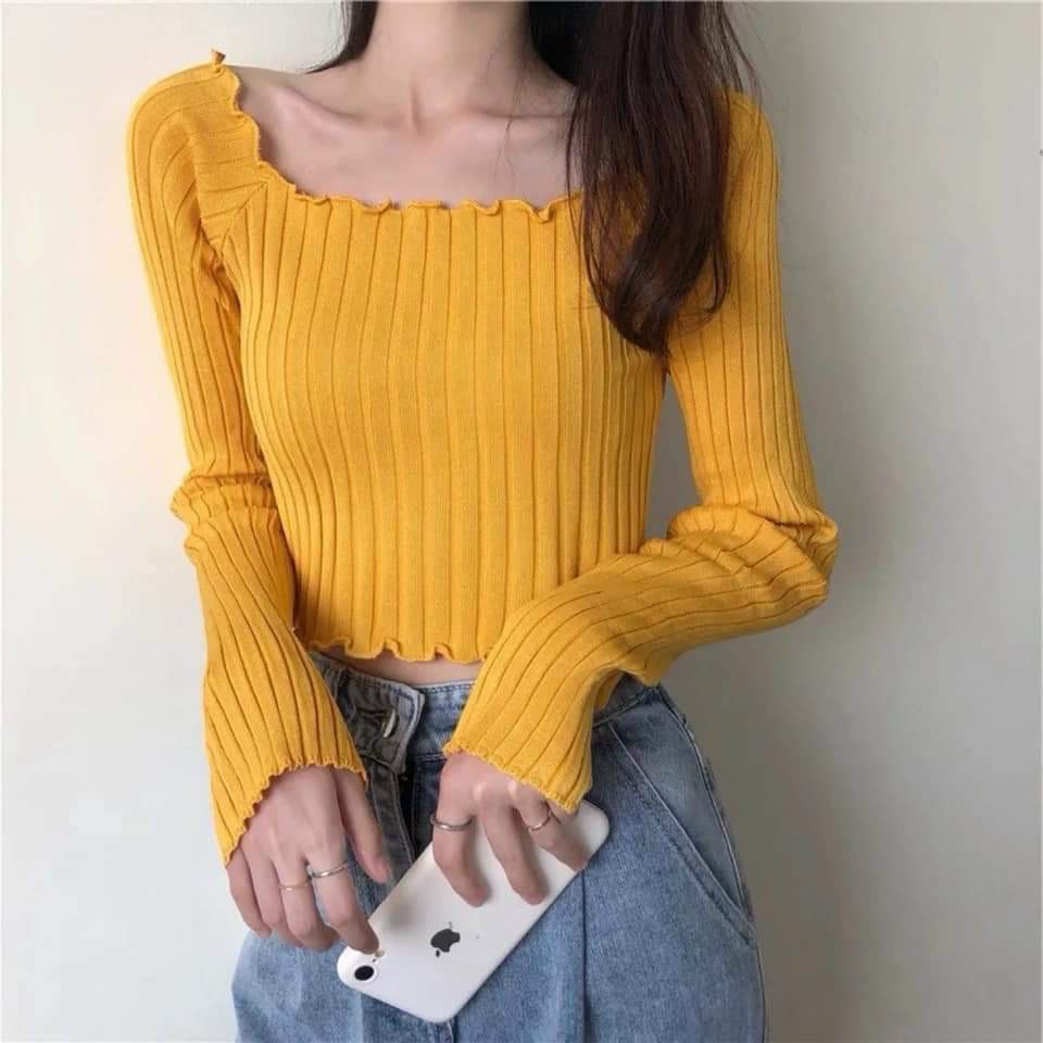 Áo Kiểu Thun Gân Tay Dài Trễ Vai Phối Diềm Hot Trend Mùa Thu TTSLA0284