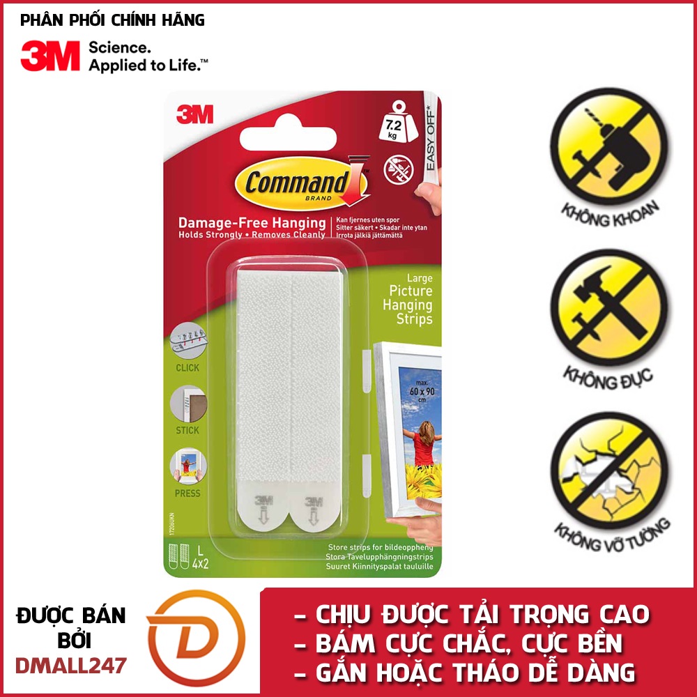 Bộ 4 miếng móc treo tranh cường lực siêu dính 7.2kg Command 3M 17206 màu trắng/17206BLK màu đen - Dmall247, móc dán tường, siêu dính, bền bĩ