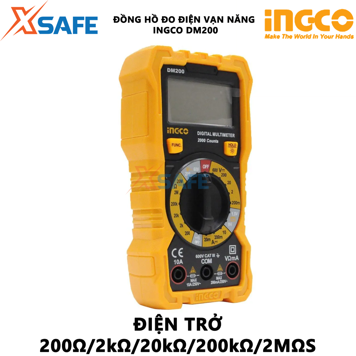 Đồng hồ vạn năng INGCO DM200 | Đồng hồ đo điện vạn năng Điện áp DC 200mV/2V/20V/200V/600V Điện áp AC 200V/600V Dòng điện DC 200A/2mA/20mA/200mA/10A đo được dòng điện DC, điện áp AC/DC, điện trở...