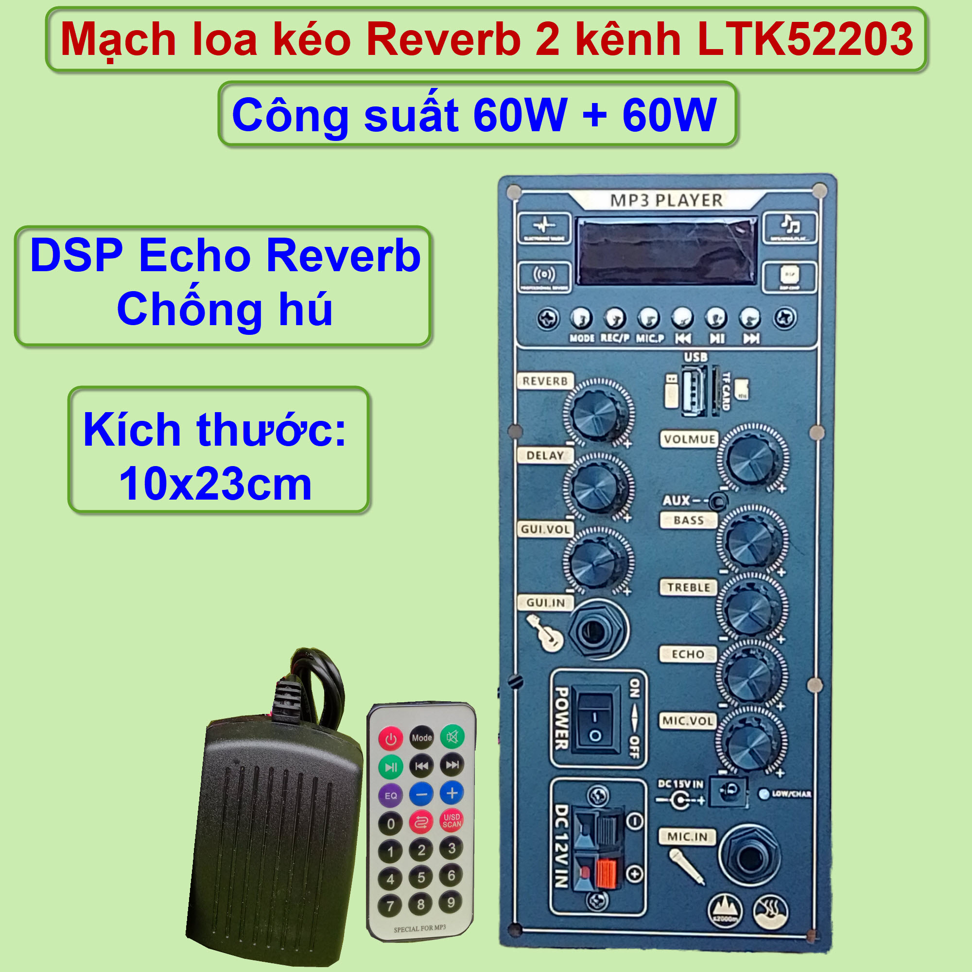Mạch loa kéo reverb 2 kênh riêng biệt ltk52203 công suất 60w + 60w
