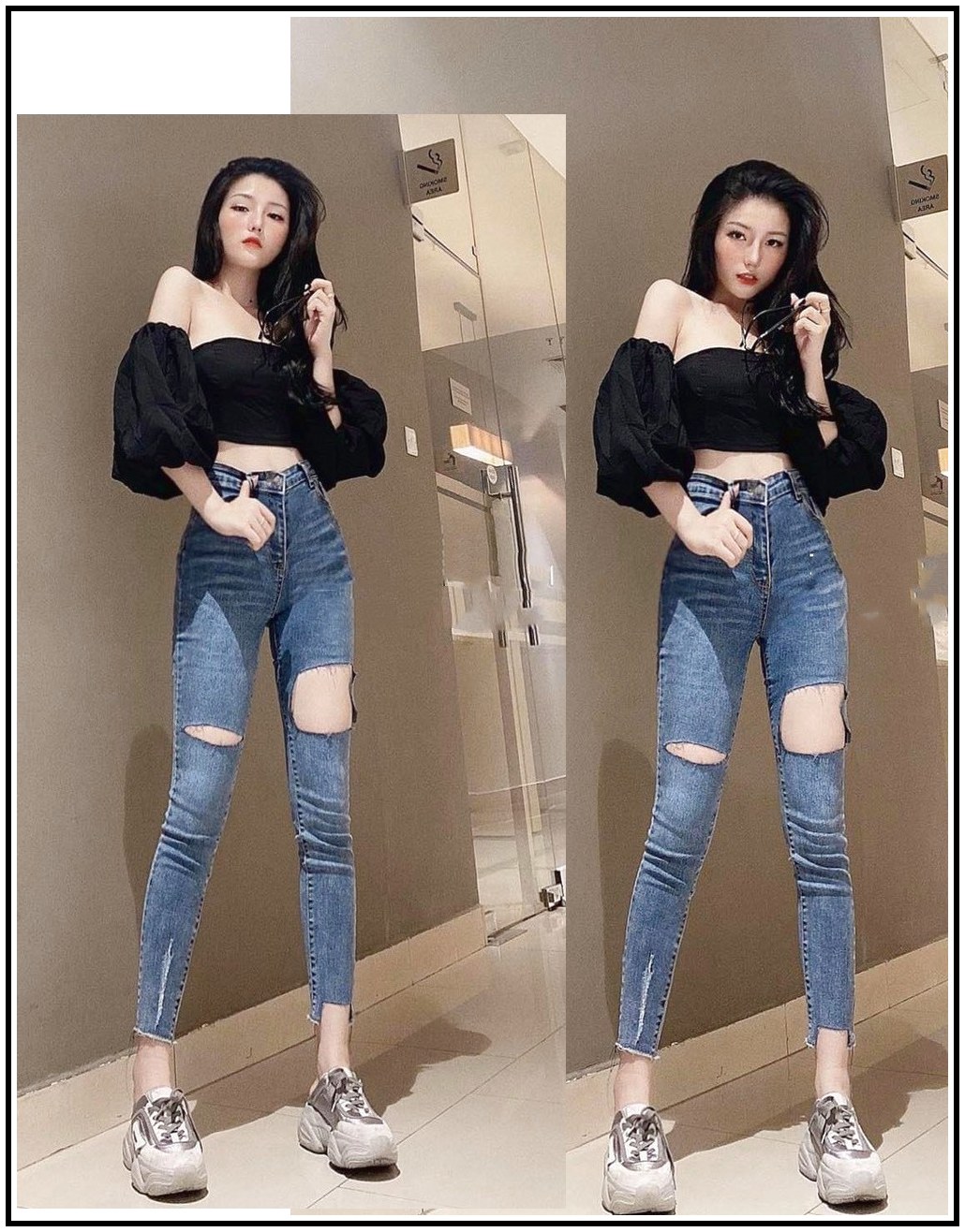 Quần Jean Nữ Lưng Cao Rách 2 BÊN To Nhỏ phối Rách lai chất jean giãn tốt 2- 1668 -21