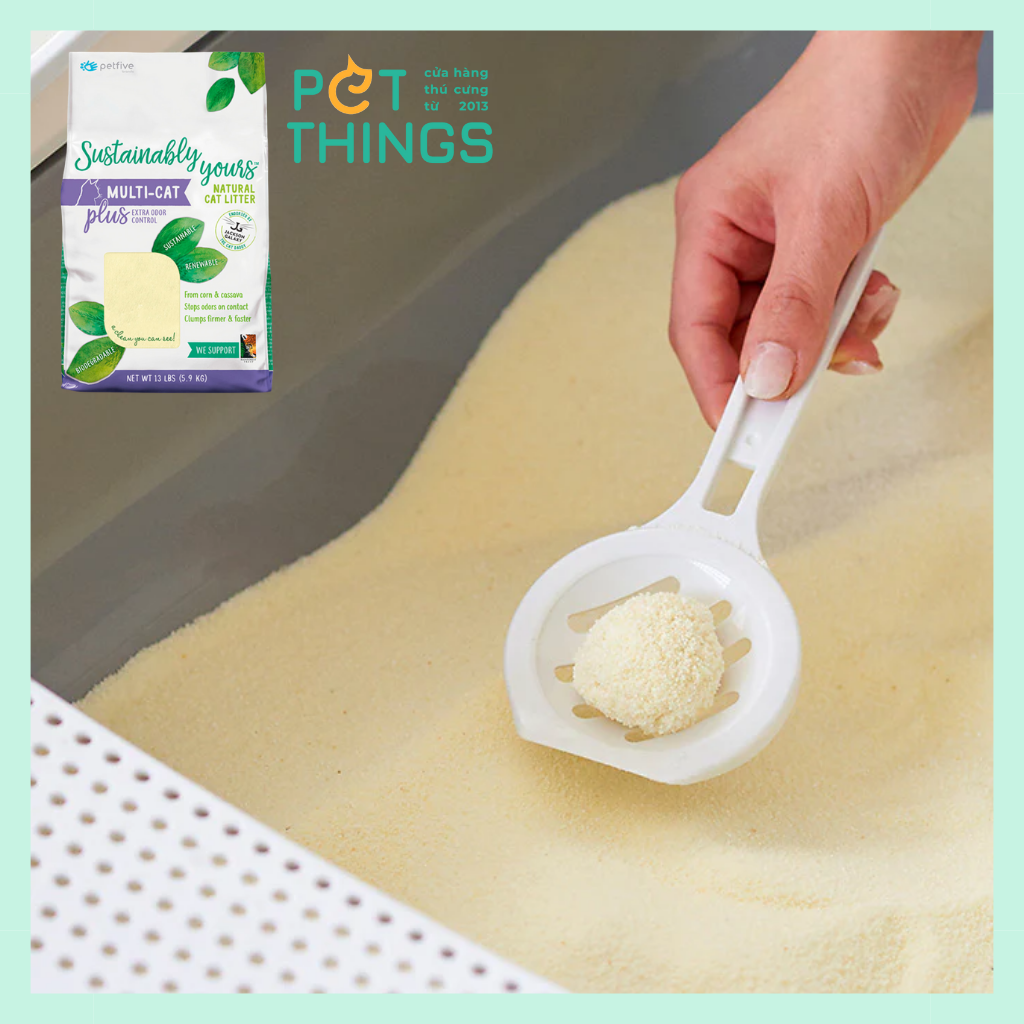 Cát Hữu Cơ cho mèo Petfive Sustainably Yours từ ngô bắp sắn hạt nhuyễn, nhập khẩu Mỹ, vón cục chắc, khử mùi tối đa