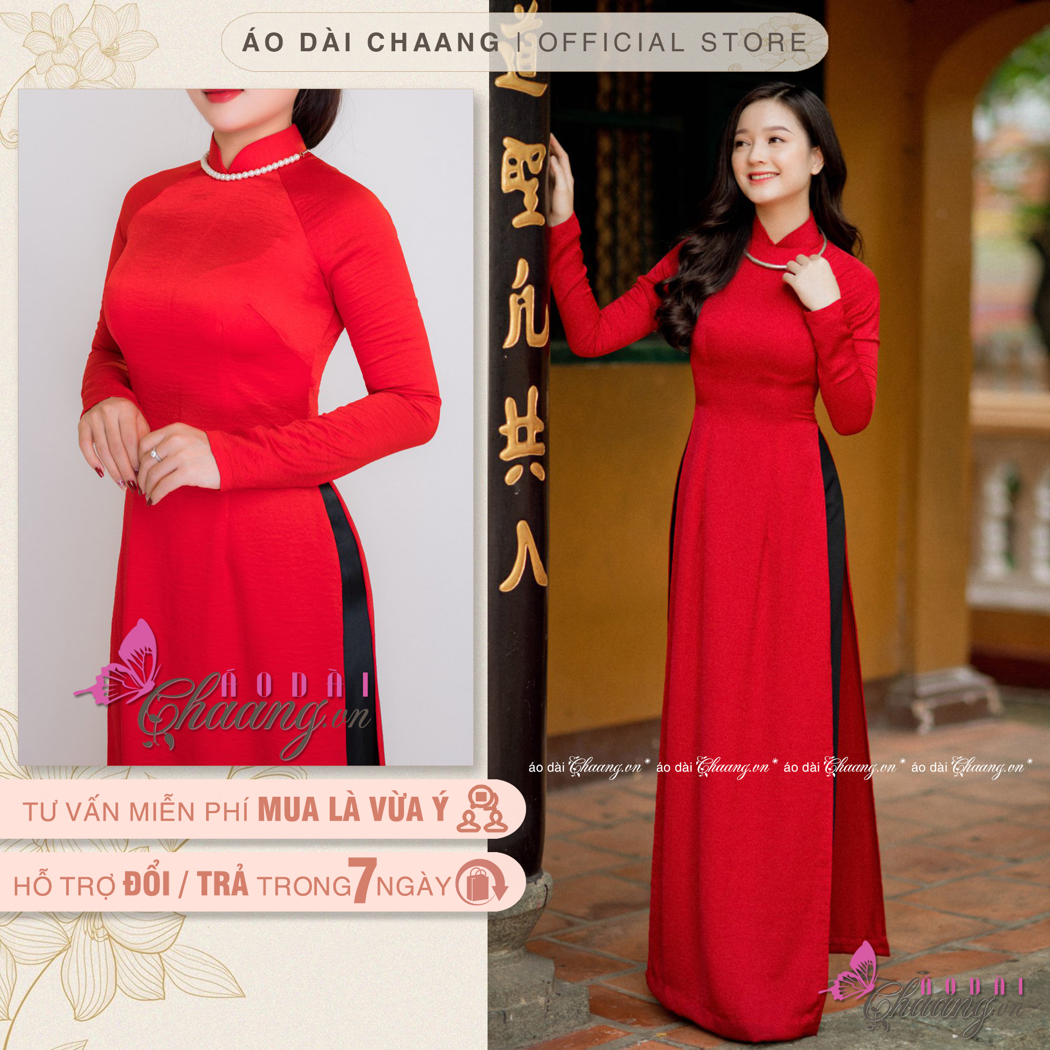 Áo dài truyền thống màu đỏ CHAANG may sẵn áo dài lụa tây thi, vải mềm co giãn tốt, màu đỏ/trắng/hồng/xanh