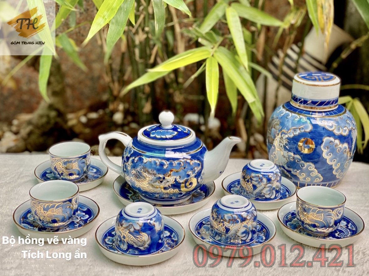 [Sale Sốc] Bộ ấm chén Bát Tràng Long Ẩn vẽ vàng 24k dáng quả Hồng - Gốm sứ Bát Tràng Trung Hiếu