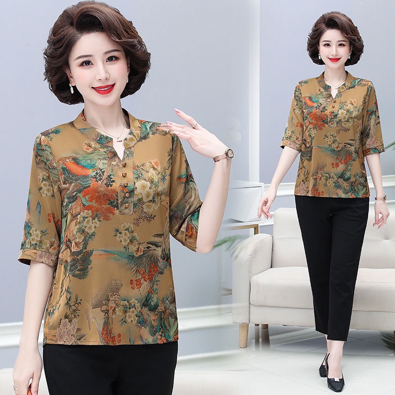 Áo lụa trung niên nữ in hoa tay lỡ- áo kiểu hot nhất hiện nay, áo nữ trung niên cao cấp