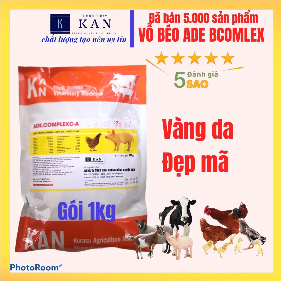 ADE Bcomlex Vỗ Béo Tăng Cân Vàng Da Đẹp Mã, Vàng Chân Nở Ức Cho Gia Súc Gia Cầm, Chó Mèo Chinh Kiểng Gói 1kg