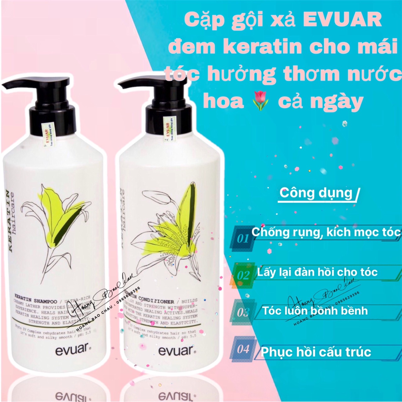 Dầu gội xả KERATIN EVUAR phục hồi tóc hư tổn ngăn ngừa rụng tóc mùi thơm nước hoa sang chảnh 758ml * 2