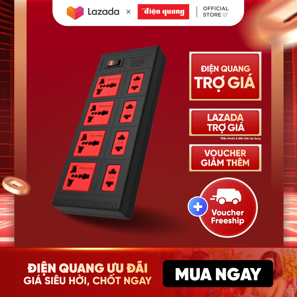 Ổ cắm điện đa năng Điện Quang ECO ĐQ ESK 2BR 8ECO (8 Lỗ, dây dài 2m, màu đen đỏ) công suất 2500W, tự ngắt khi quá tải, BH 12 tháng