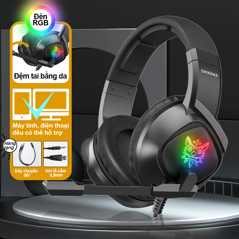 Tai nghe chụp tai Chơi game chống ồn ONIKUMA K19 với micrô có RGB Gaming Headphone Cho Máy tính xách tay PC Laptop