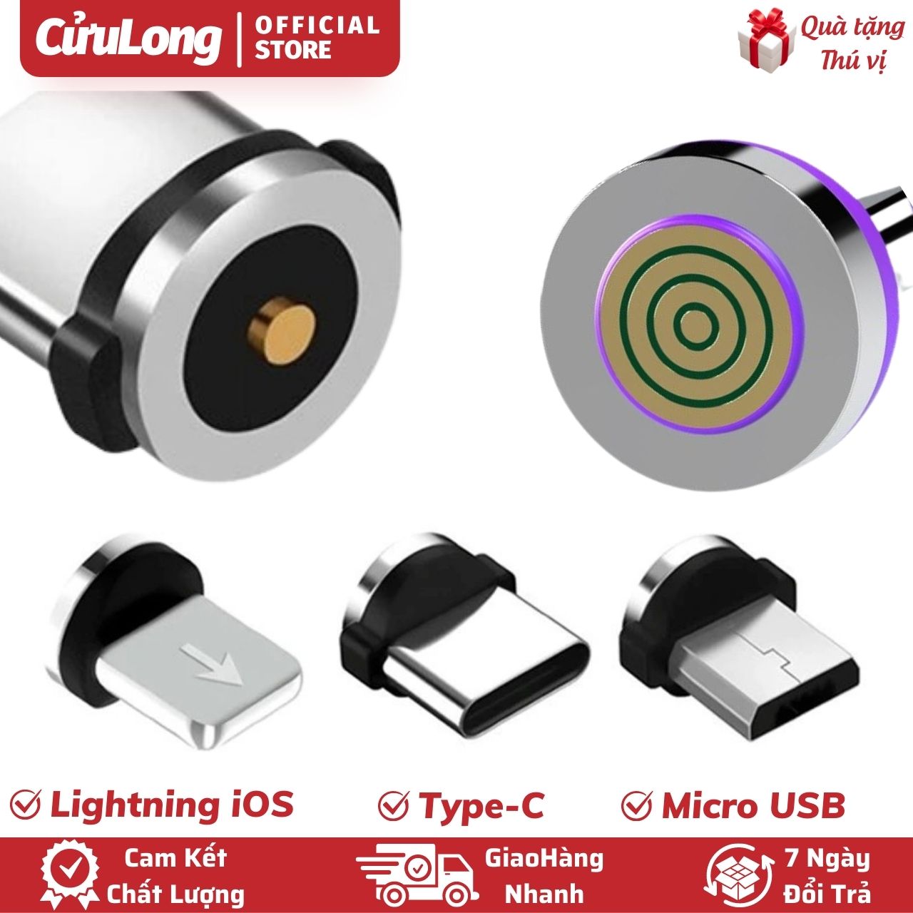 Đầu Sạc Nam Châm Từ Tính Lightning Type C Micro USB xoay 360 độ cho điện thoại Android iOS (chỉ có đầu sạc không có dây)