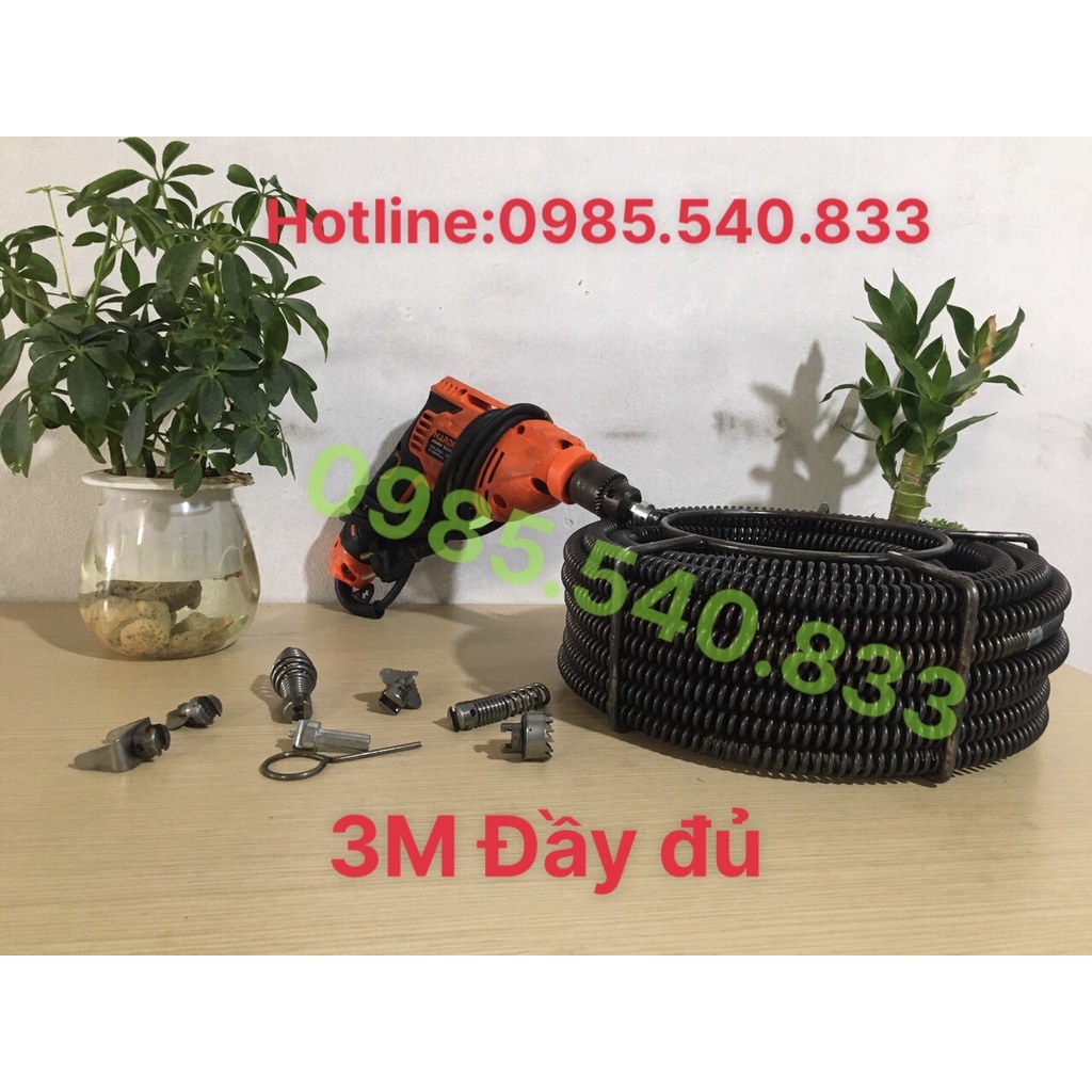 Dây thông tắc cống dùng cho máy khoan ( 3M dây + 6 đầu thông + 1 đầu kết nối máy khoan )
