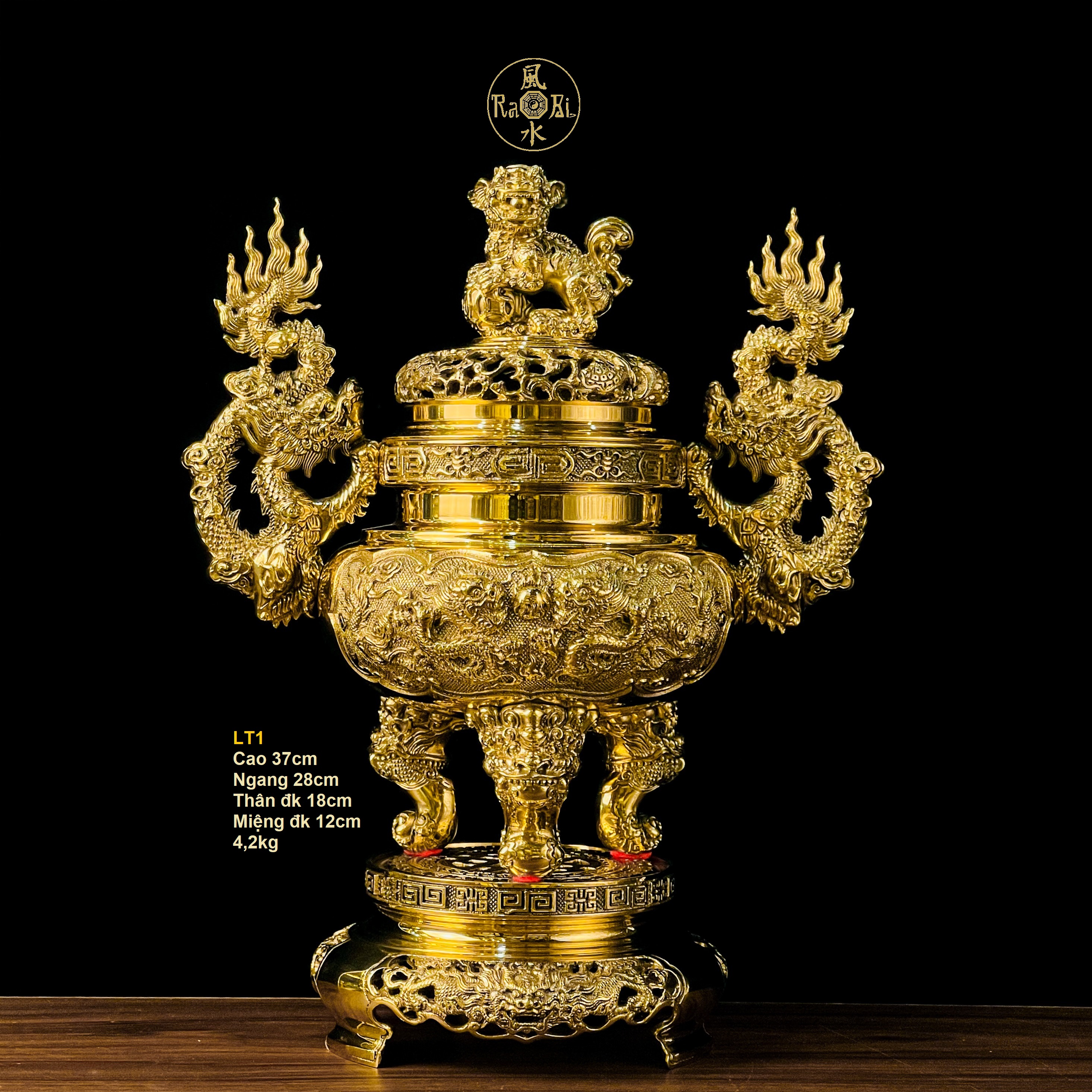 Lư Tròn Gia Tiên Lân Nghê 37cm - Vật Phẩm Thờ Cúng Vĩnh Tiến Cao Cấp