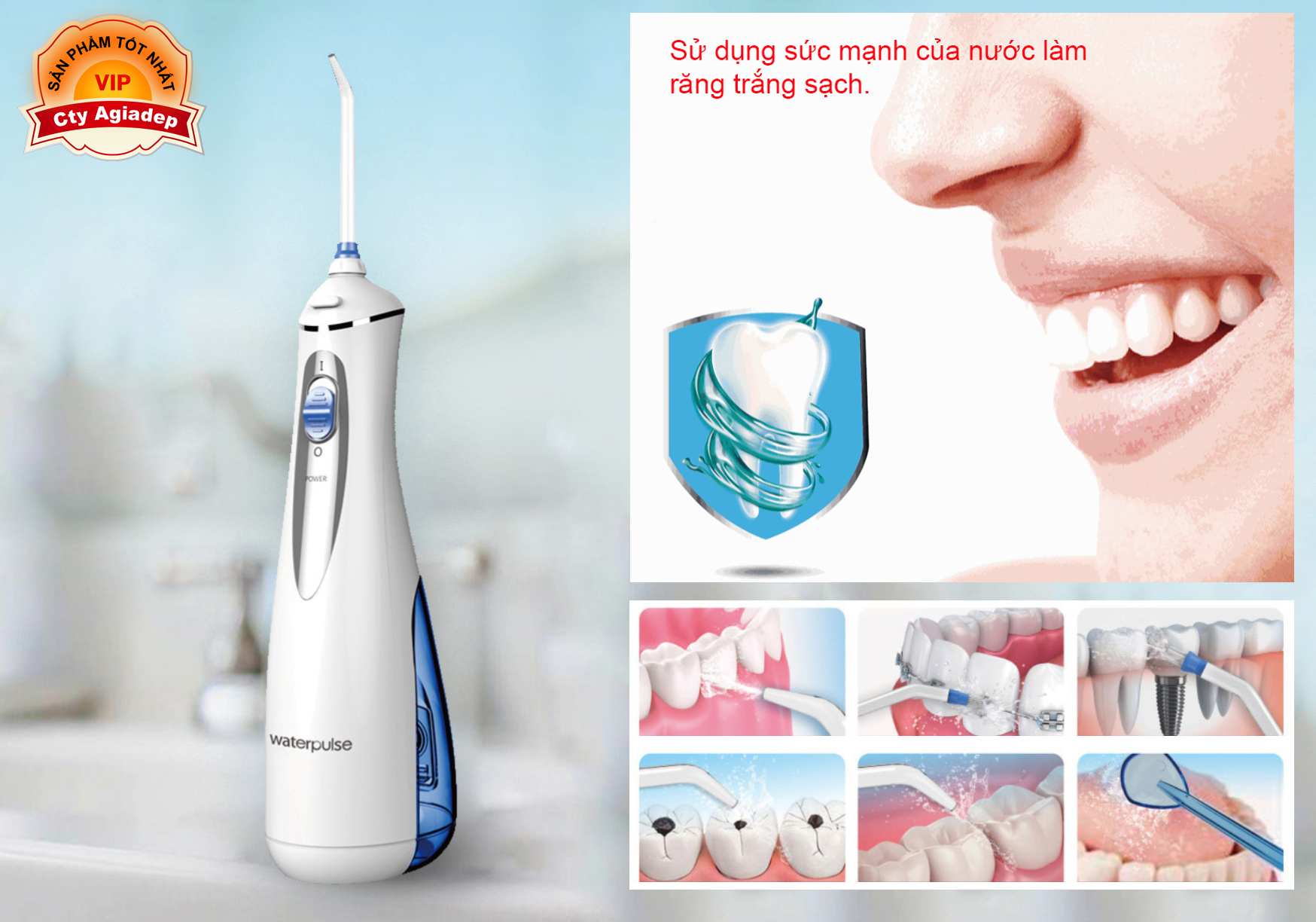 Máy tăm nước chăm sóc răng miệng hàng xịn Bản Châu Âu Pin sạc không dây - Waterpulse Series 4