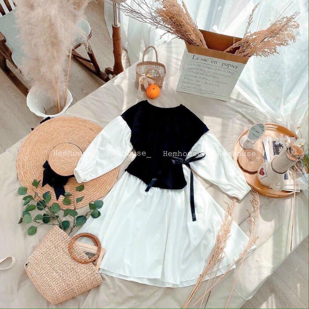 VÁY ĐẦM PHỐI VẠT THẮT NƠ EO,KIỂU DÁNG BABYDOLL DỄ THƯƠNG