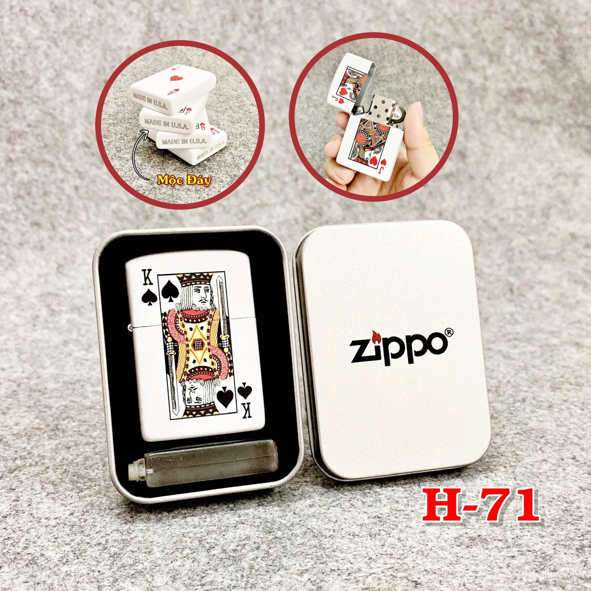 BẬT LỬA ZIPPO 2 MẶT HÌNH LÁ BÀI "Q BÍCH" (HỘP THIẾC KÈM XĂNG)
