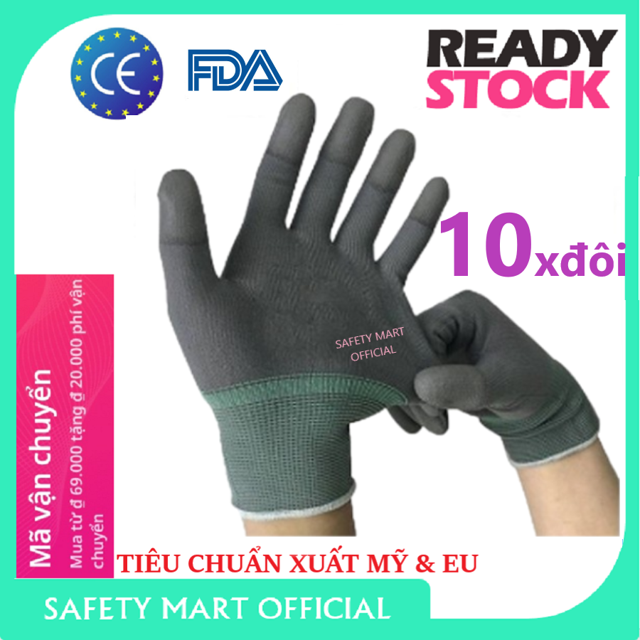 Combo 50 double gloves labor protection coating Pu toe ESD, gloves polyester covered toe gray used in labor, gardening, grip high, used in electronic industry, laboratory-goods Vietnam export-safety Mart official