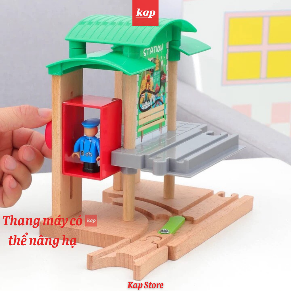 Trạm nhà ga xe lửa, bến phà, phụ kiện mô hình đường ray xe lửa gỗ (kèm 1 xe ngẫu nhiên)