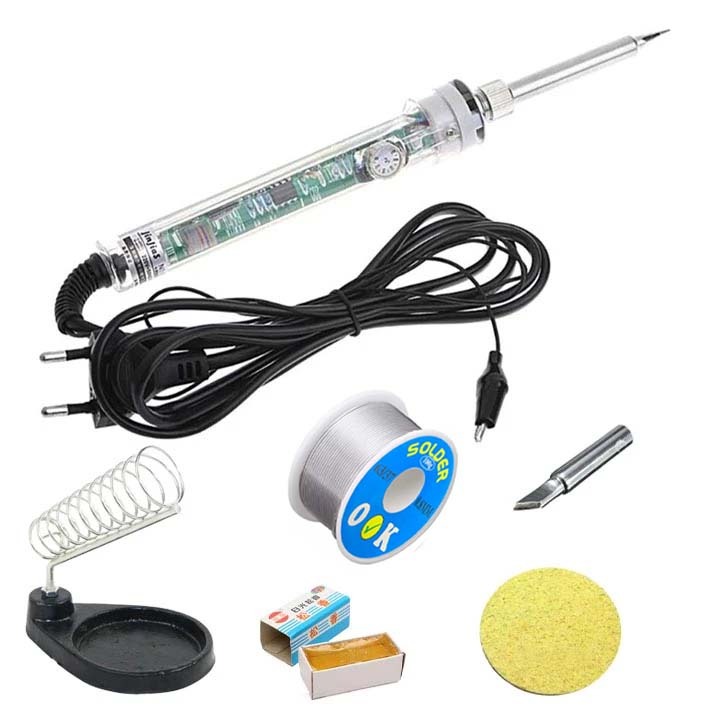 Combo Mỏ Hàn 907 220V-60W và 5 Món Phụ Kiện (Mũi Hàn Dao, Kệ Hàn, Bọt Biển, Thiếc OK, Nhựa Thông)\