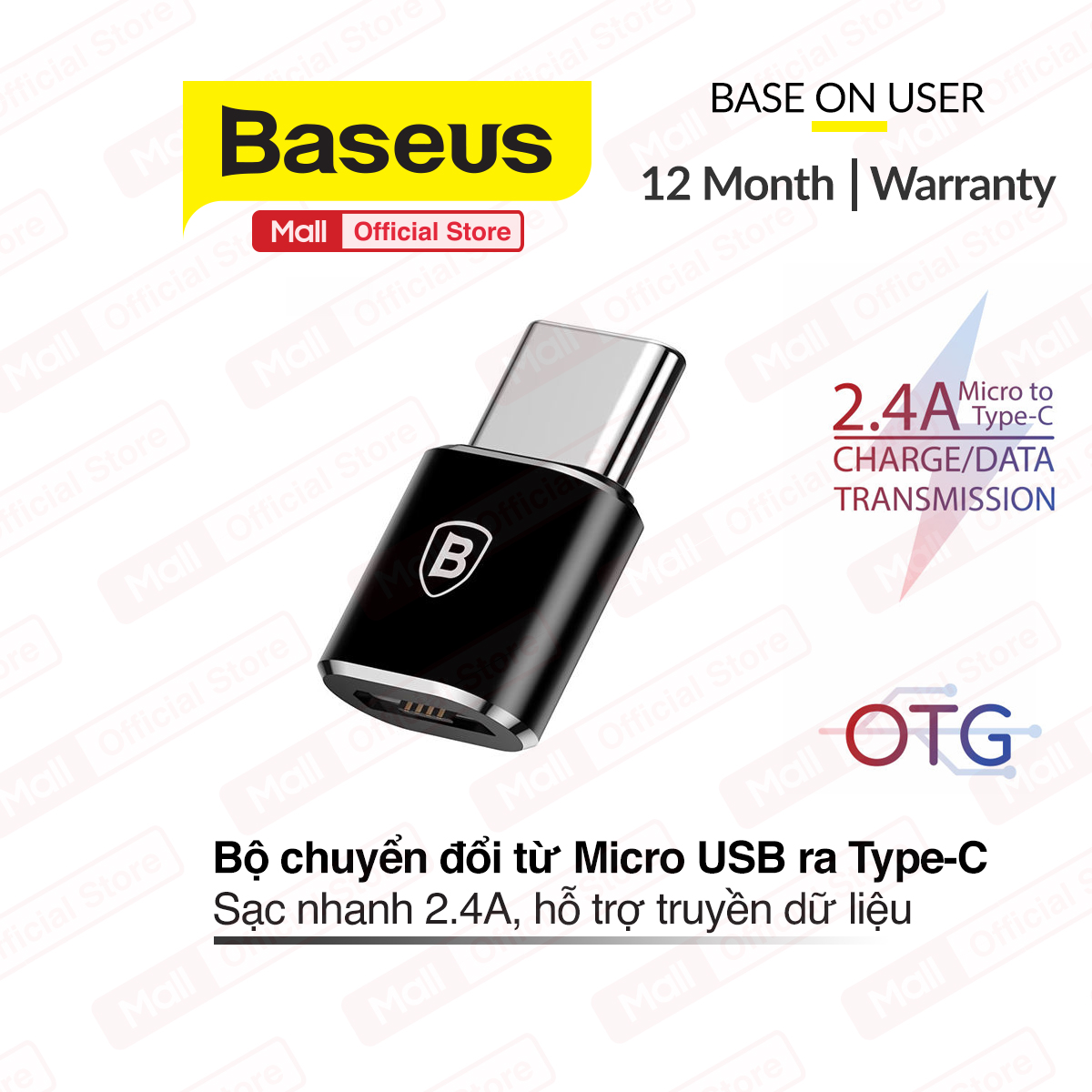 Adapter Baseus Mini Micro female to Type-C OTG chuyển đổi từ Micro ra Type-C hỗ trợ sạc nhanh 2.4A và truyền dữ liệu