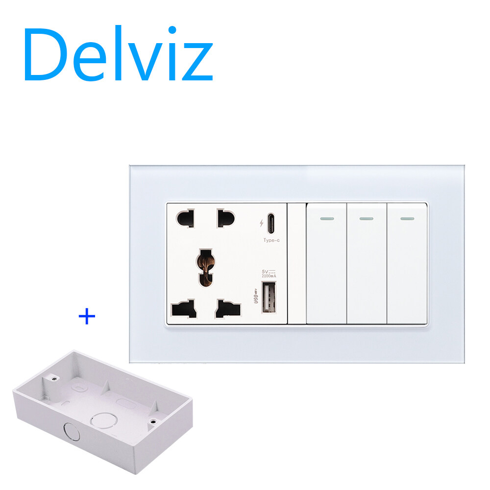 Delviz 3 On 2 Street lamp Switch Socket, Type-C interface socket, 146mm*86mm toughened glass frame socket, (US/US/EU) Wall Power USB C port Quick Charge socket, 18W 3100mA Smart Quick Charge