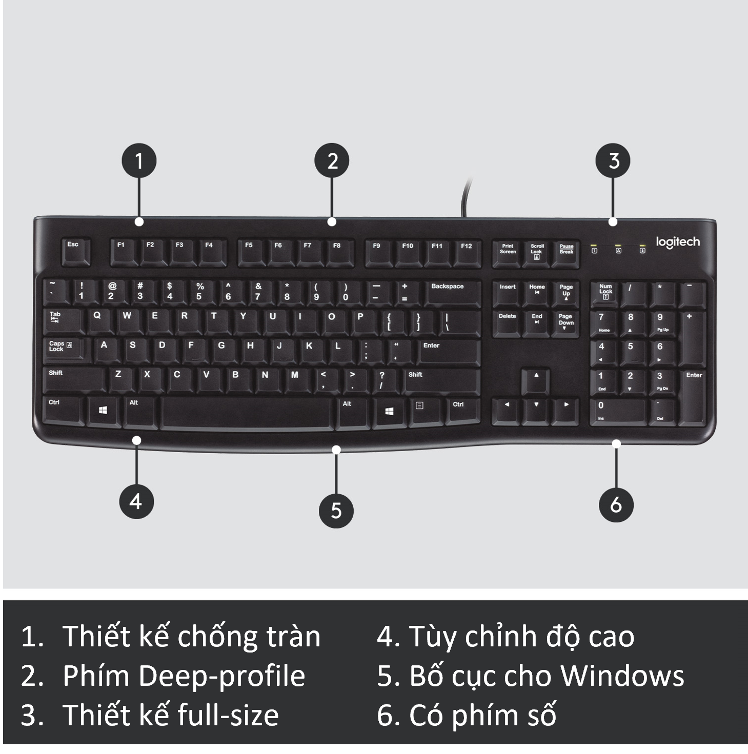 Bàn phím có dây Logitech K120 - Bền bỉ, chống tràn, có thể điều chỉnh góc độ gõ, kích thước đầy đủ có phím số