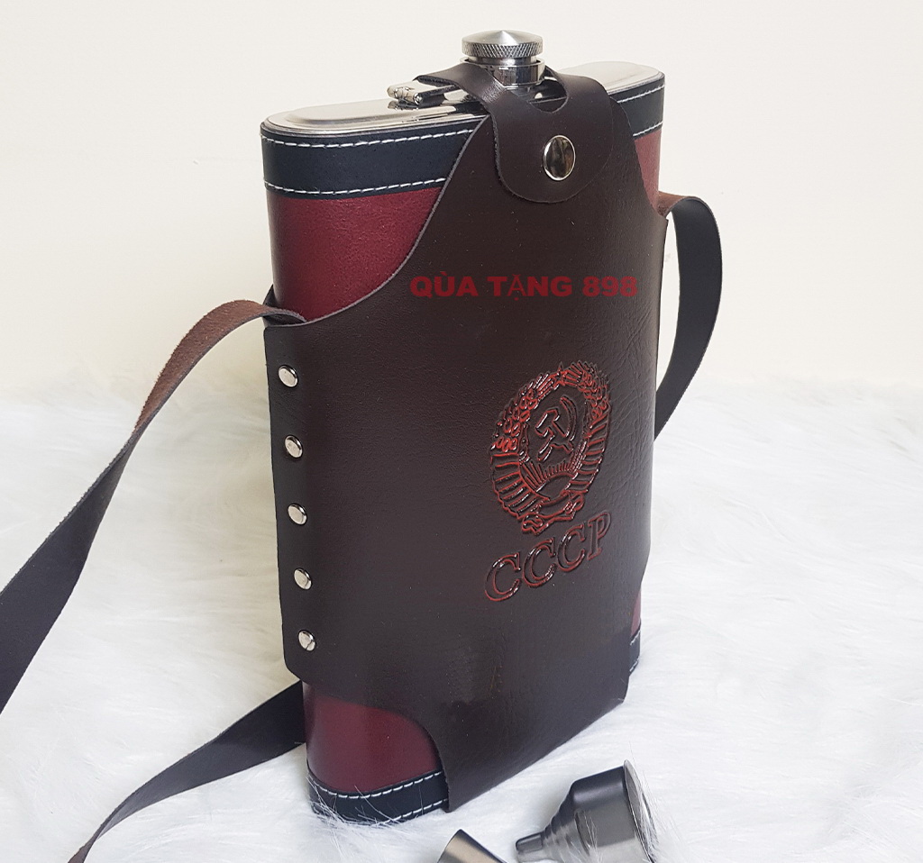 Bình inox đựng rươu bọc da đỏ 2 lít (64oz)