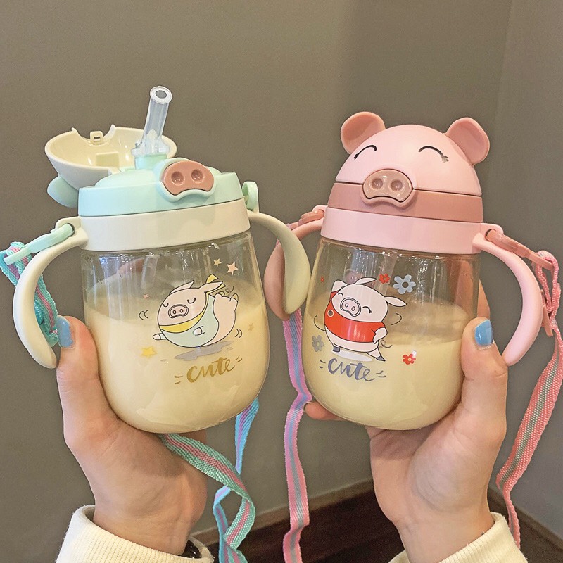 Bình tập uống nước cho bé hình heo có quai đeo 350ml/ bình uống nước cho bé chống sặc/ bình tập hút cho bé/ bình nước chống sặc cho bé hình heo