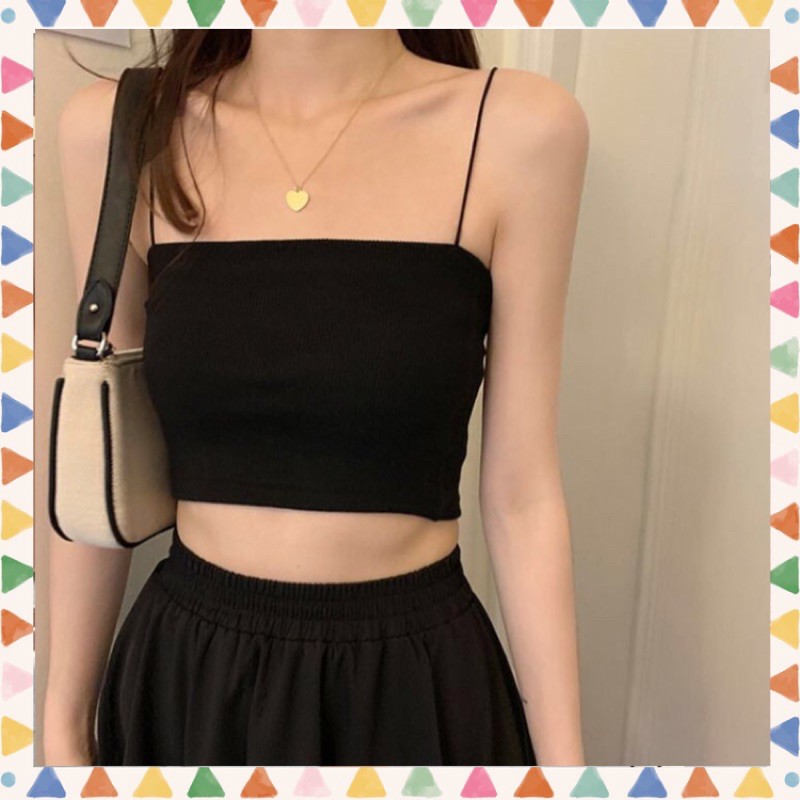 Áo 2 dây croptop đen trơn (Có ảnh thật) Freesize