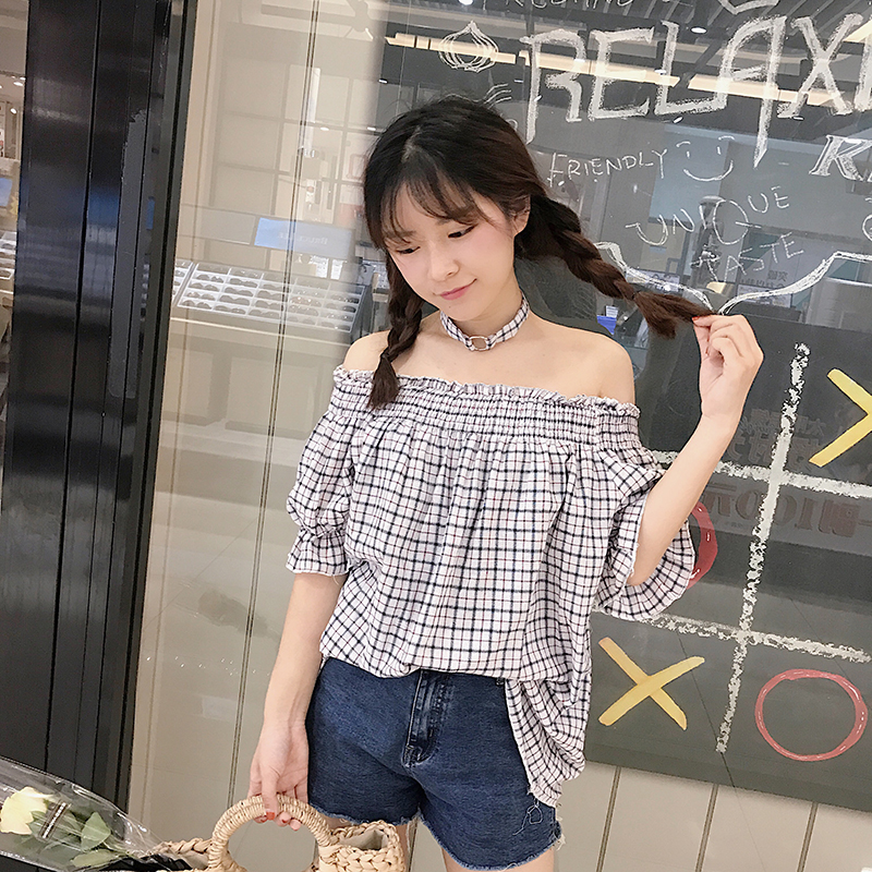 [HCM]Áo trễ vai caro kèm choker