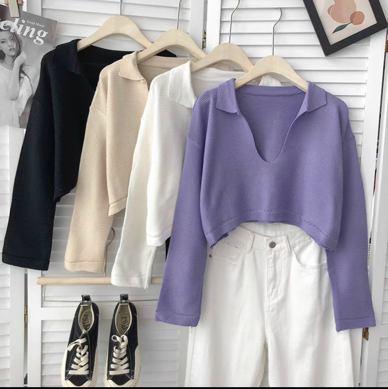 Áo thun gân len cổ bẻ dài tay croptop